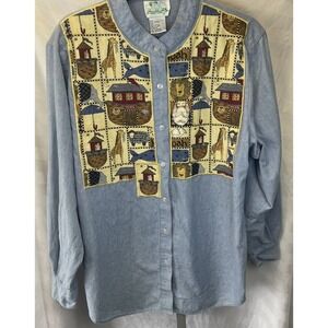 Quacker Factory Women L Blouse Top Noah Arc Button Embroidered Blue Cottagecore